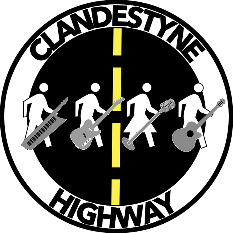 Clandestyne Highway logo with black and white outline art of four band members and their instruments crossing a road with a divided yellow line